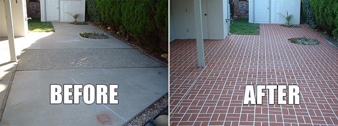 side by side image of plain patio before and decorative brick pattern after Custom Concrete Accents of Georgia